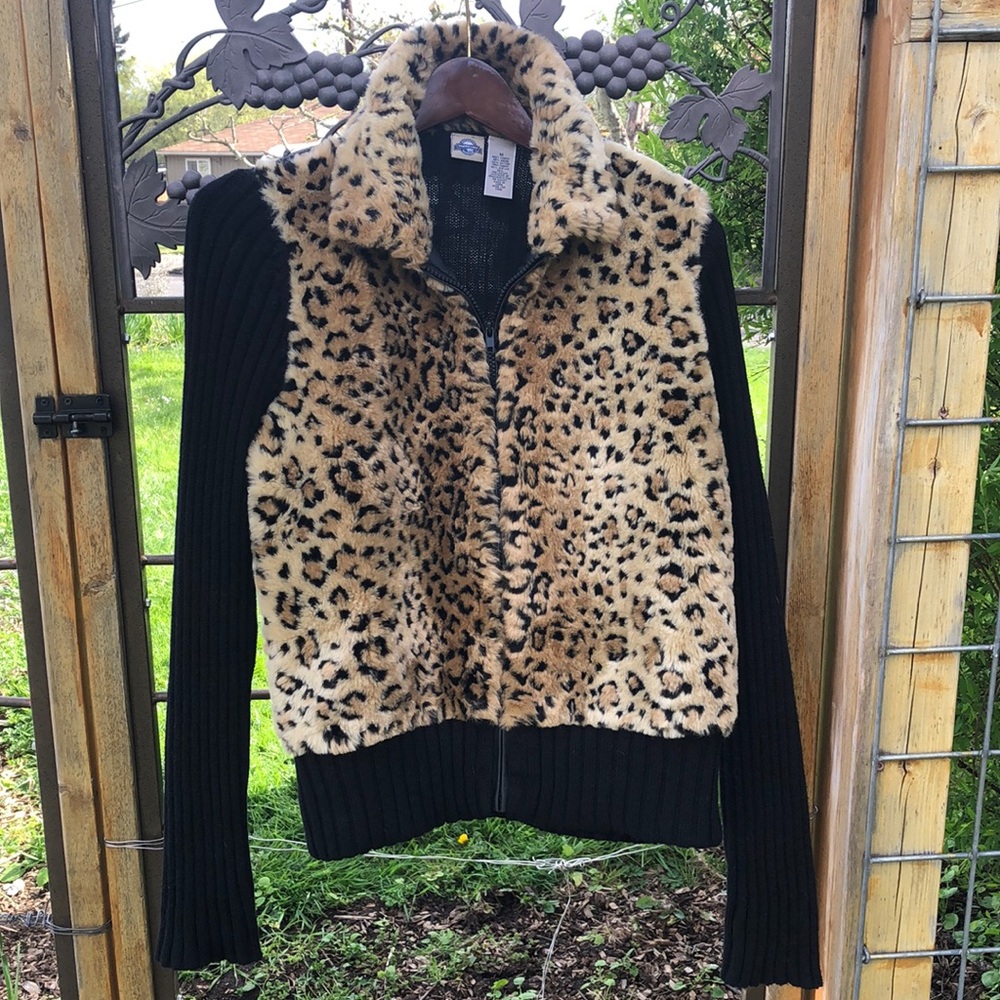 Shaver Lake black sweater with zipper and animal print fro t and collar …